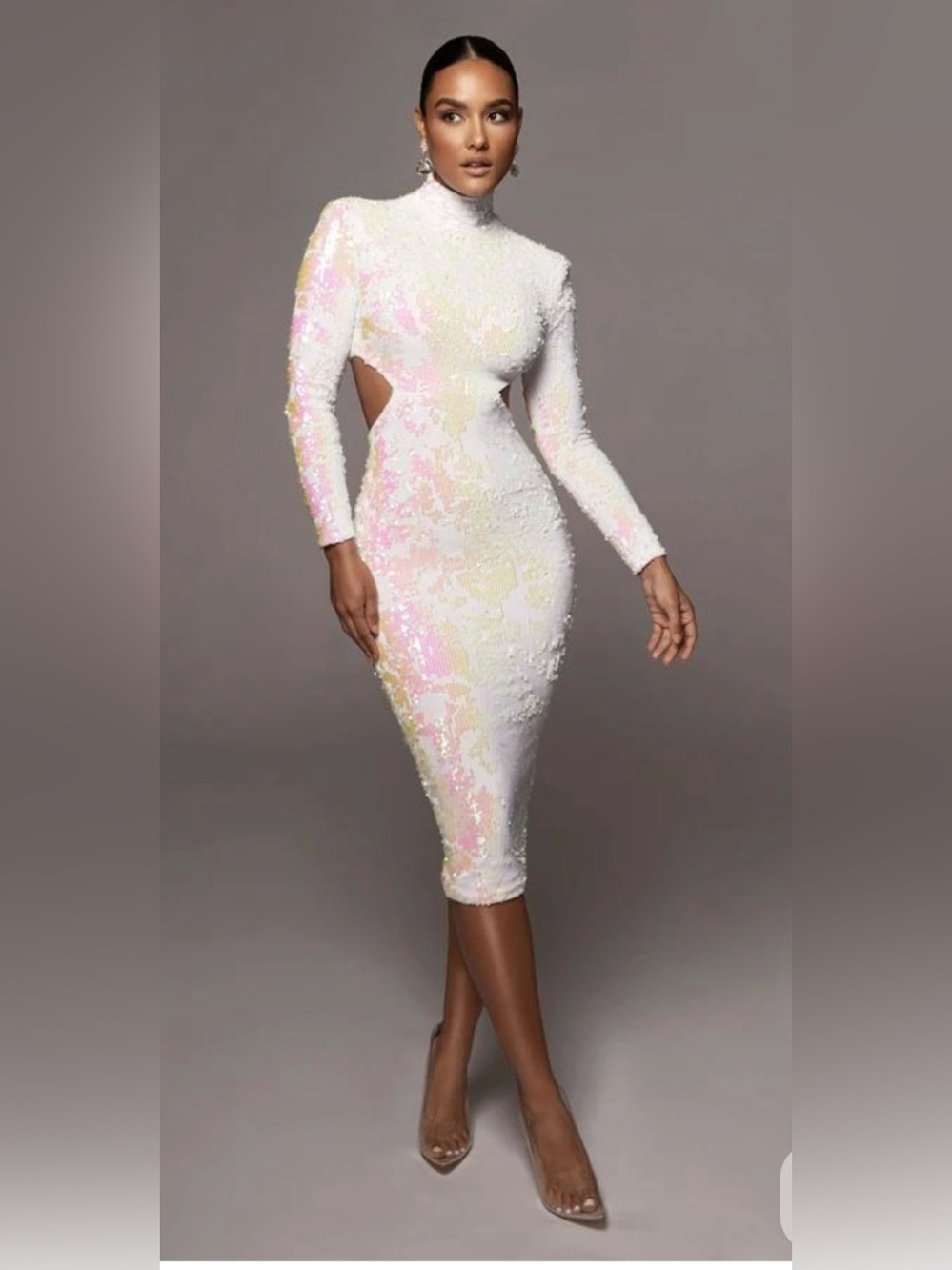 JLUXLABEL White Long -Sleeve Sequin Cutout Midi Dress with Pink & Gold Accents
